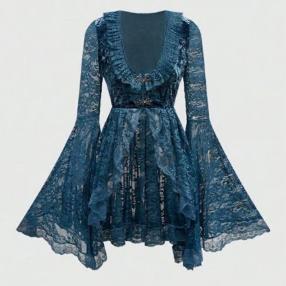 Blue Velvet Blouse NEW Goth Renaissance Gothic Style Lace Shirt Top Size XL